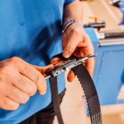 A Mateza employee measures the width of a V-ribbed belt at the branch
